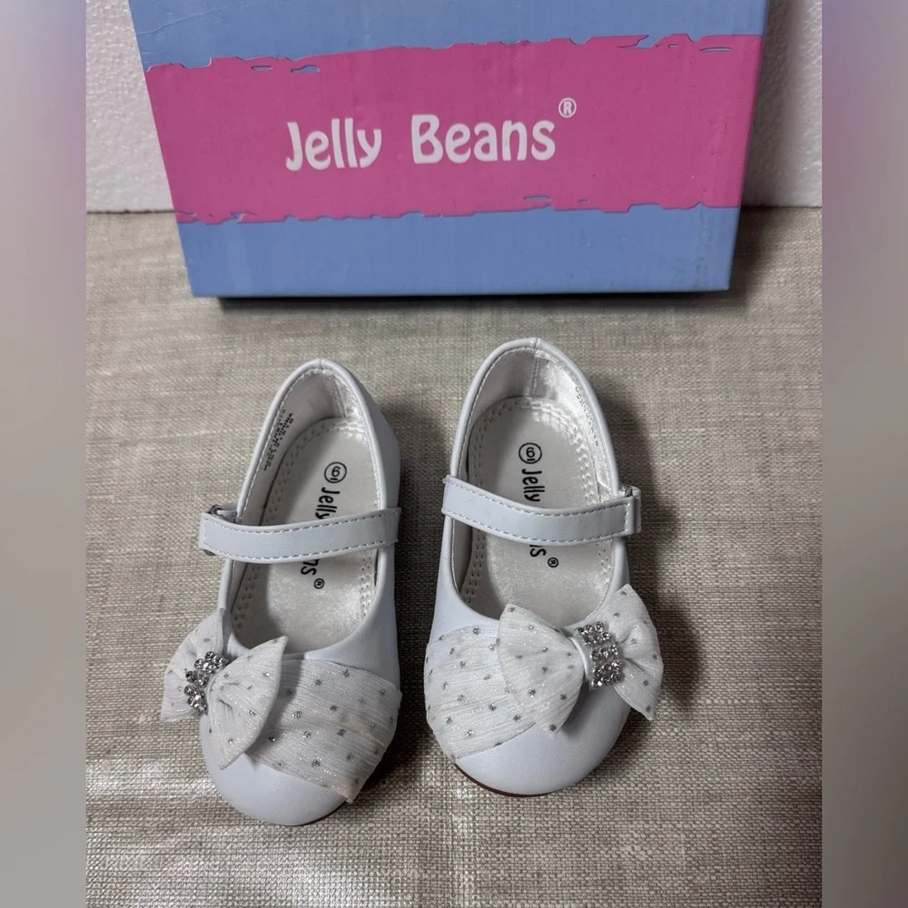 Jelly Beans White Girls Bow Mary Jane Shoes with Rhinestones
